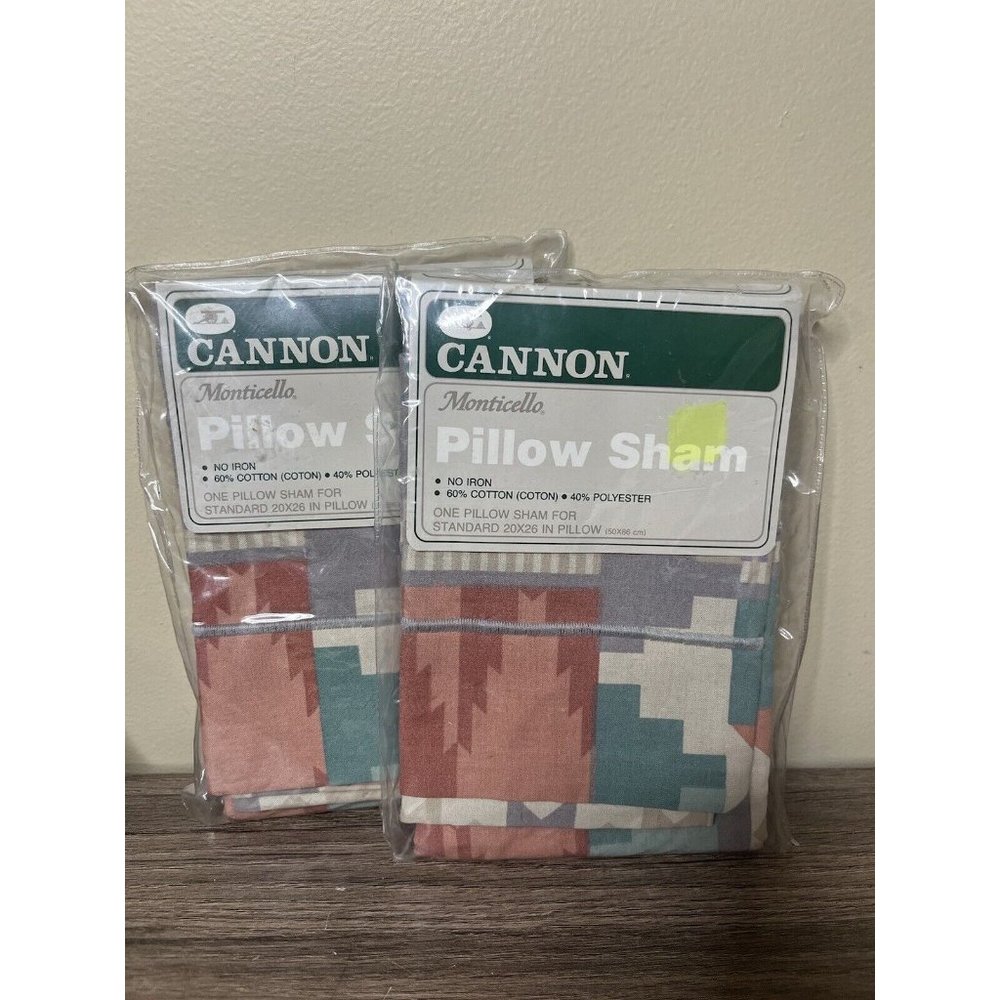 Vtg Cannon Monticello Pillow Shams Pillowcase  Set‎ Of 2 No Iron Aztec Geometric